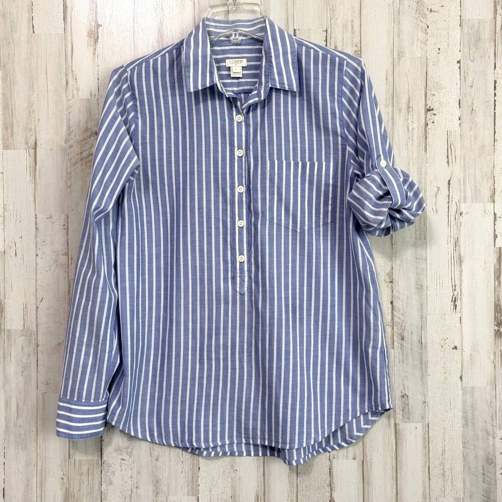 J Crew Henley Top Blouse S Blue Stripe Roll Tab Sleeve Preppy Summer Popover
